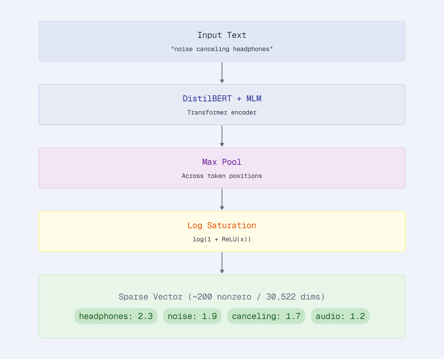 The SPLADE encoding pipeline from input text to sparse vector